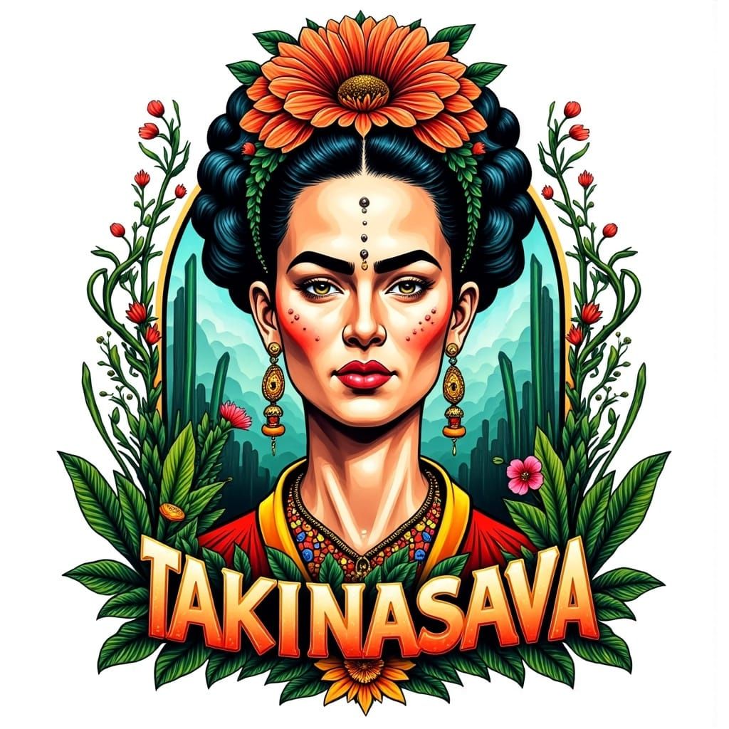 Frida Kahlo Portrait in Vibrant Mexican Folk Art Style