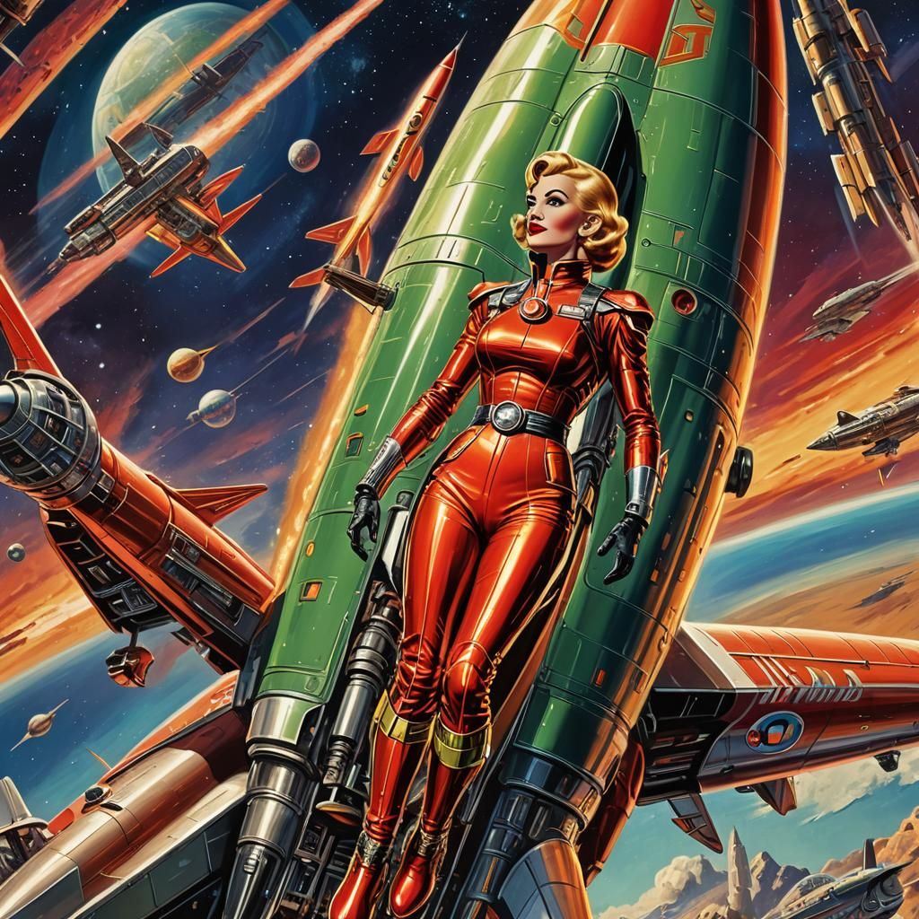 Retrofuturistic Rocketship with Pinup Art, Atompunk Style