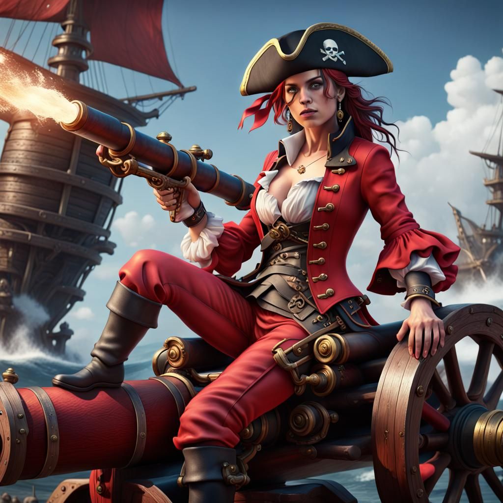 Female Pirate on Cannon: Detailed Fantasy Art