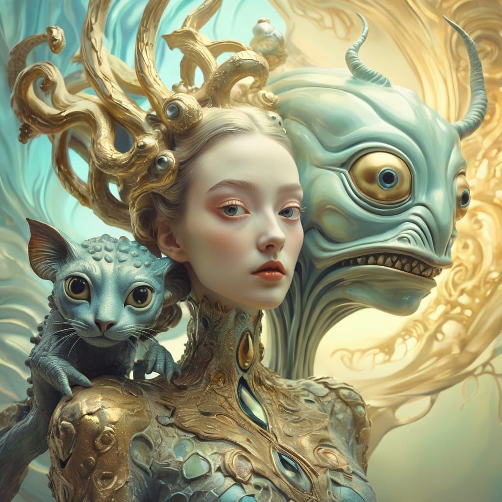 Girl Holding Creature in Pop Surrealism Style