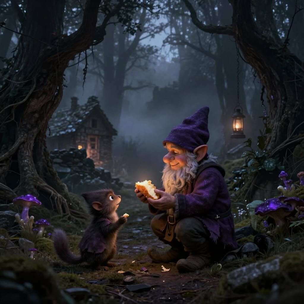 Gnome and Critter Share Bread in Misty Dark Fantasy Forest