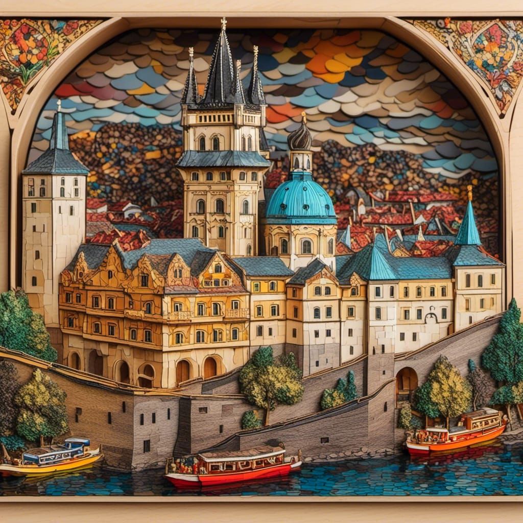 Mosaic Prague Castle in Burned Wood Style