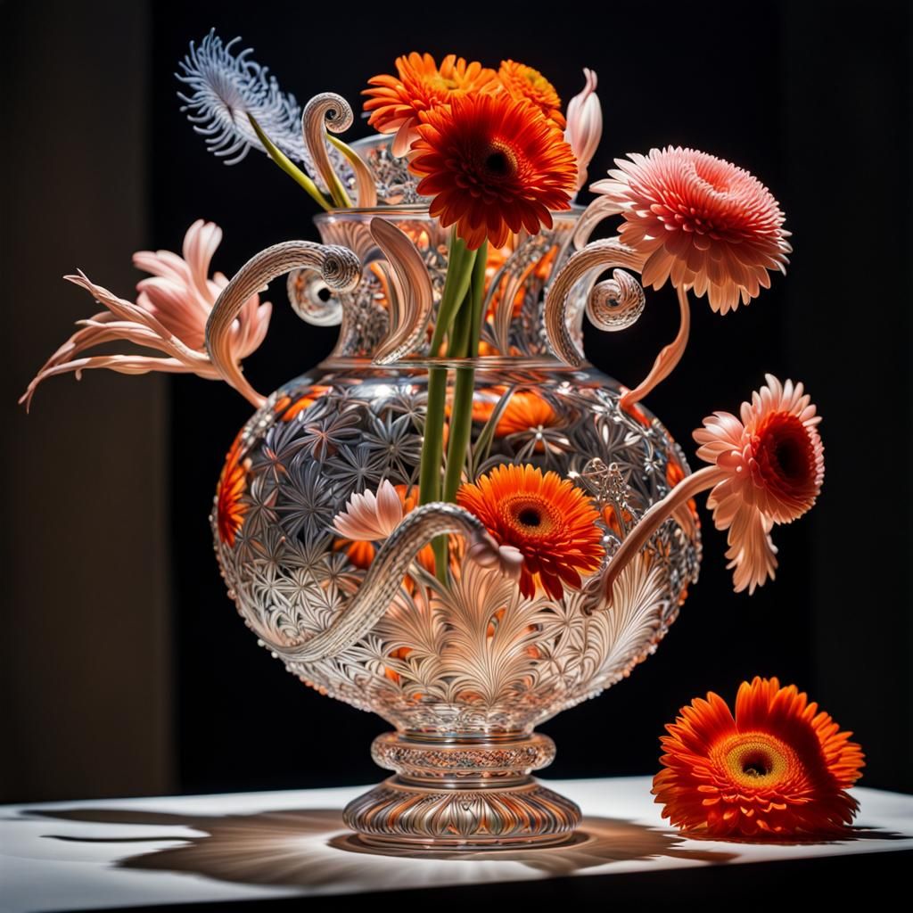 Vibrant Flowers in Crystal Vase, Photographic Style