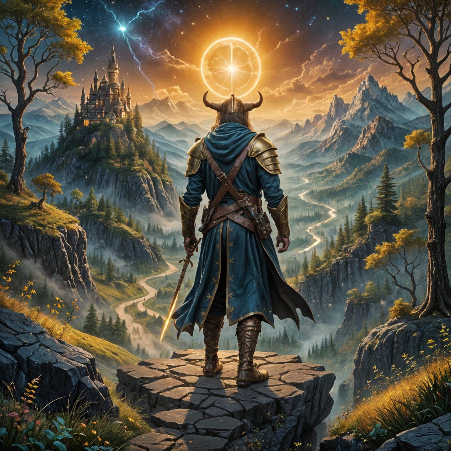 Fantasy illustration. Medium shot. A sorcerer stands on a mo...
