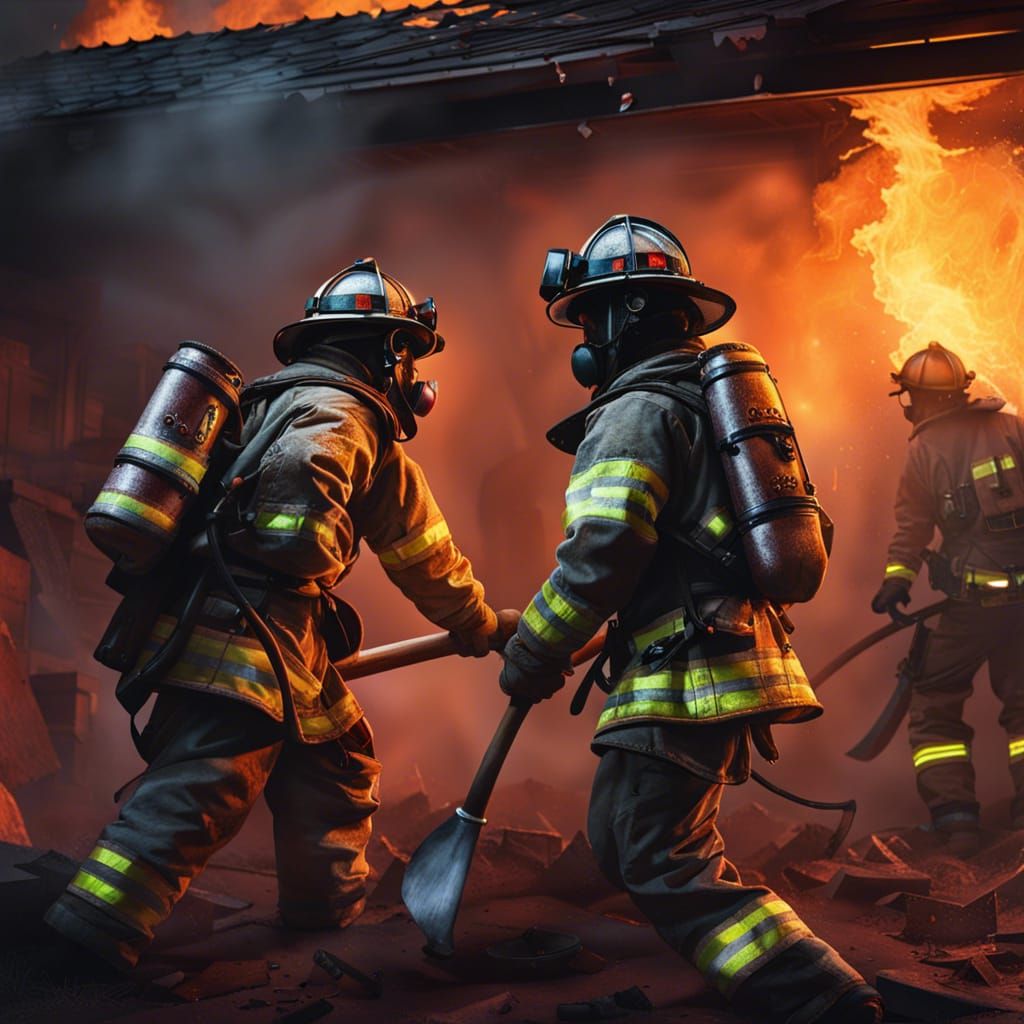 Firefighters Battle Blaze: Hyperrealistic Splash Art