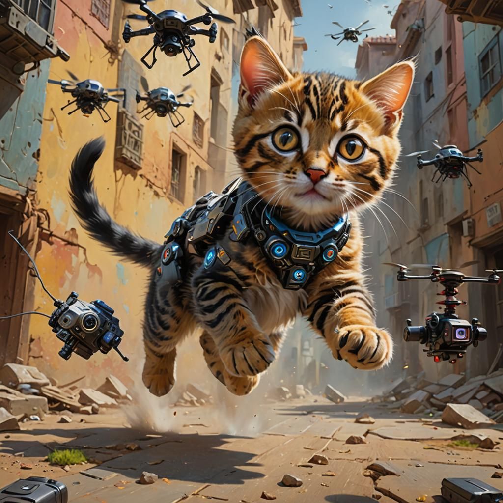 Cyborg Kitten Chasing Drone as Oil Painting