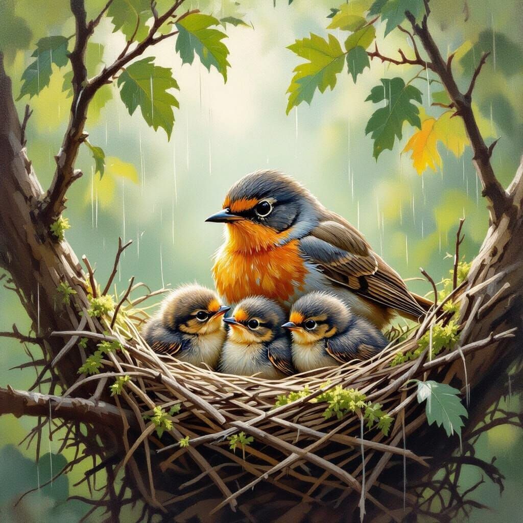 Mother Robin Shelters Chicks From Rain in Impressionistic Oi...