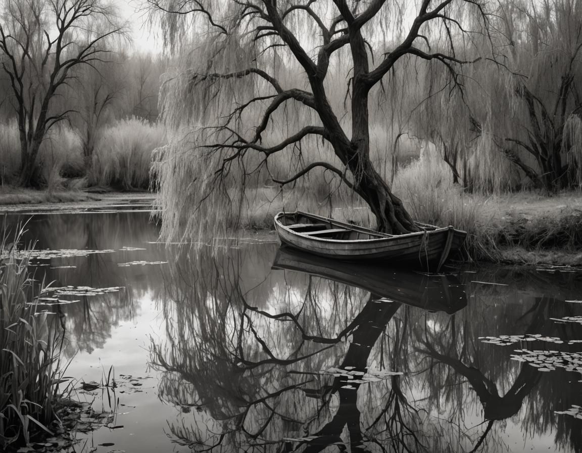 Gloomy Pond Scene with Willow Tree in Grayscale