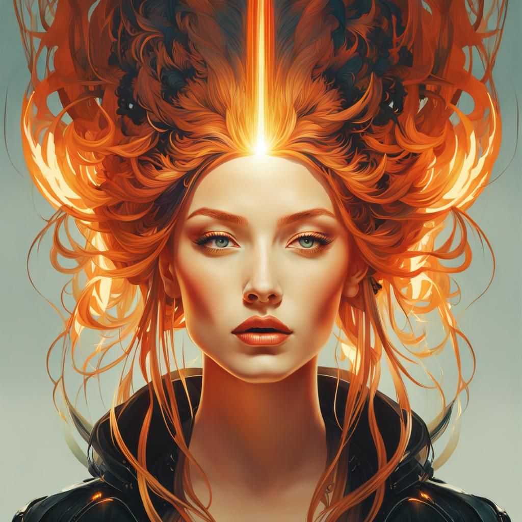 Biopunk Android with Flaming Hair Double Exposure