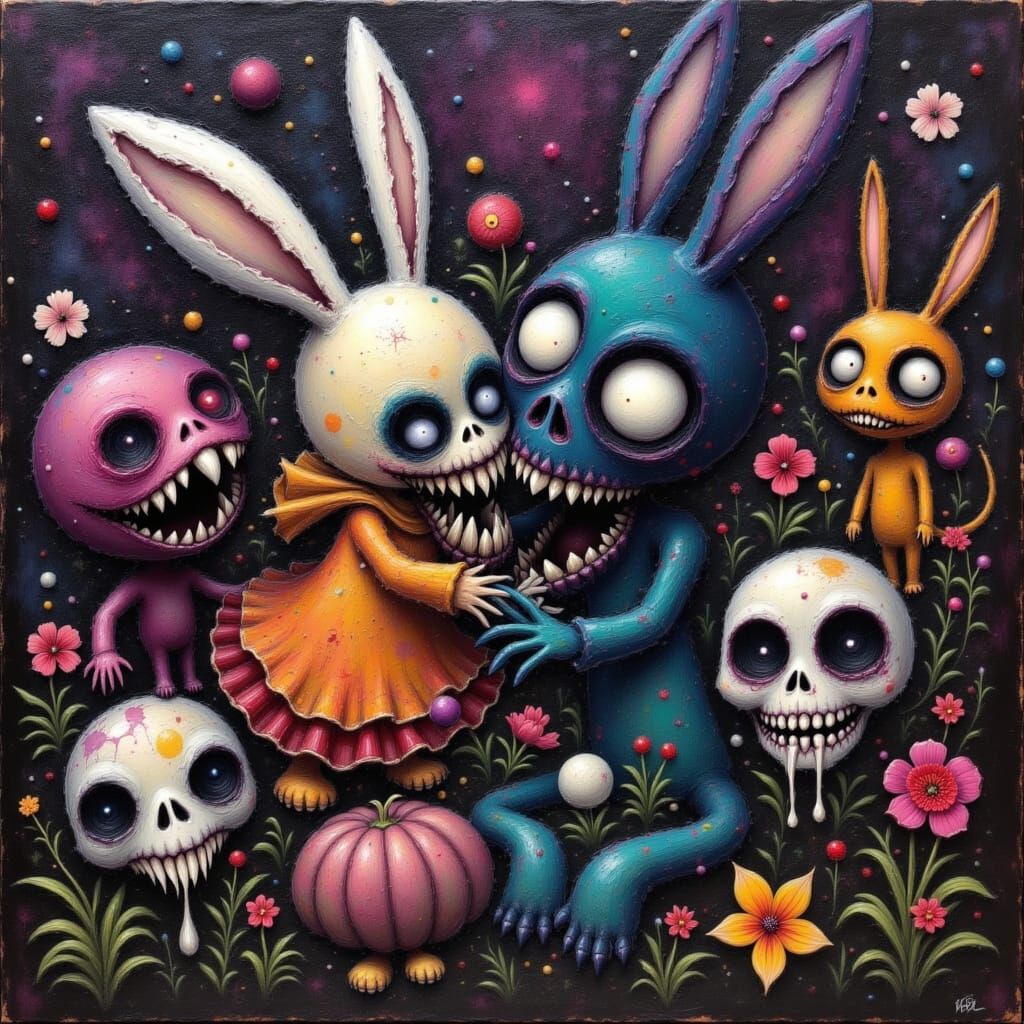 Haunted Surreal Garden of Broken Skulls in Cyberpunk Style