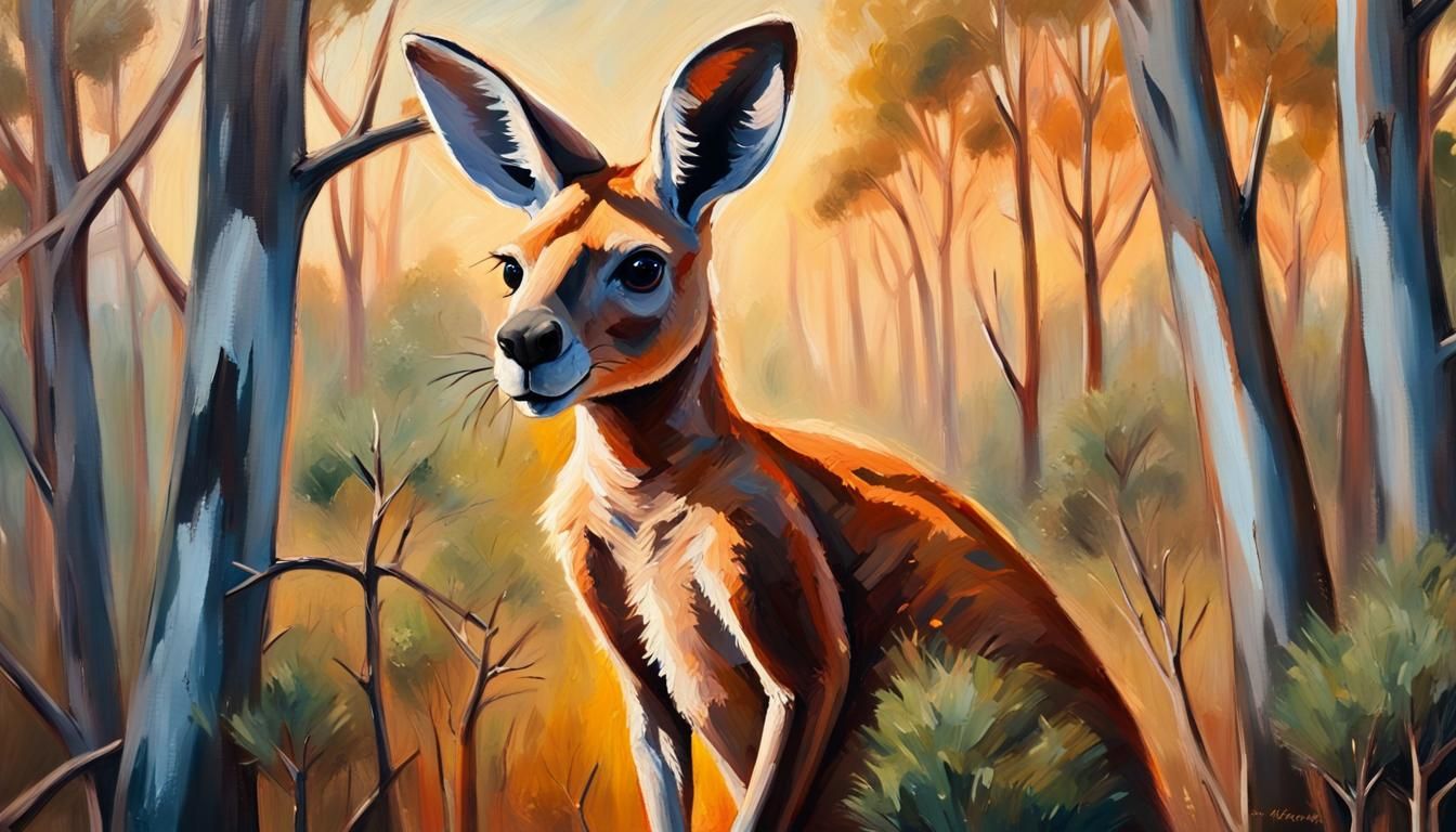 Warm Golden Hour Oil Painting of a Kangaroo in Australian Bu...