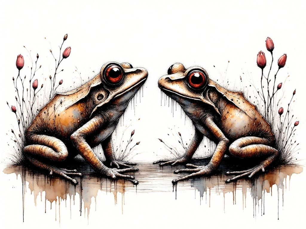 Two Frogs in Ink Crosshatching Style