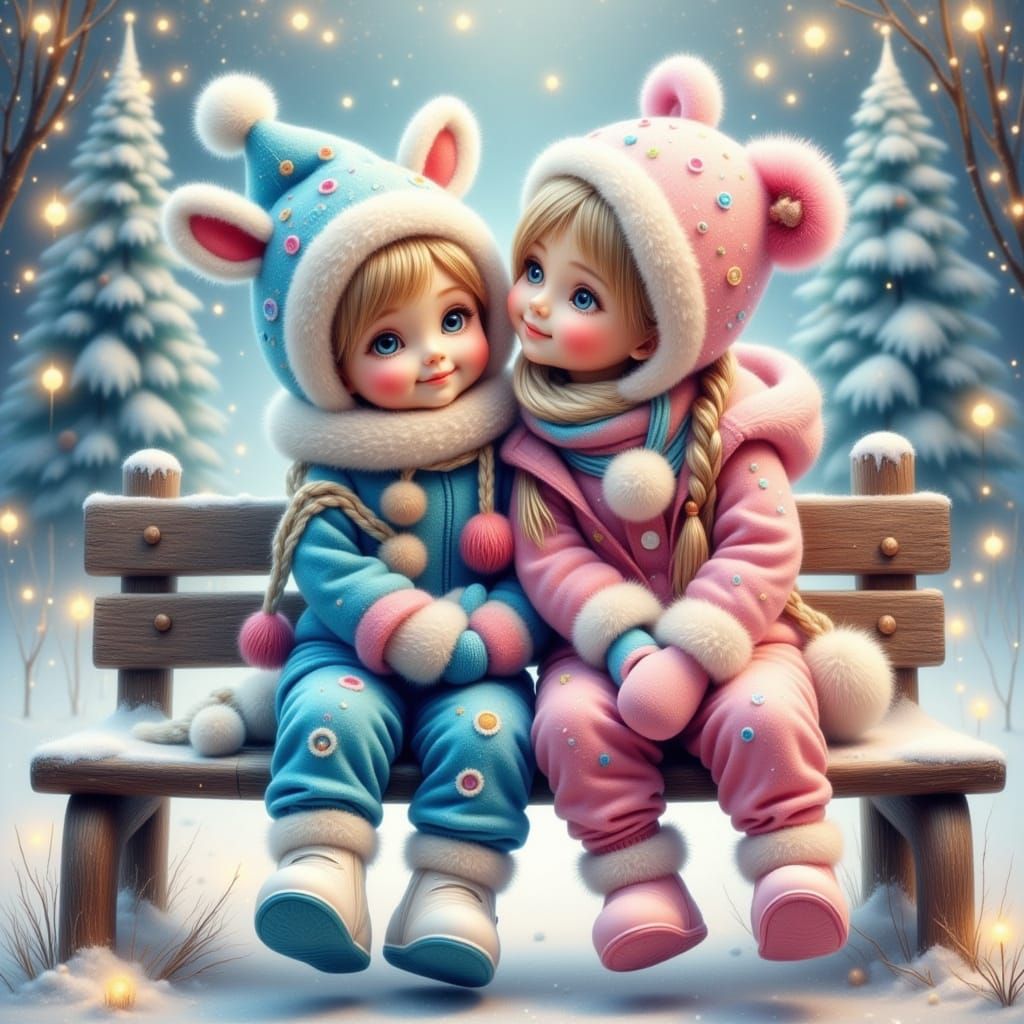 Toddlers in Snowy Christmas Outfits on Old Bench