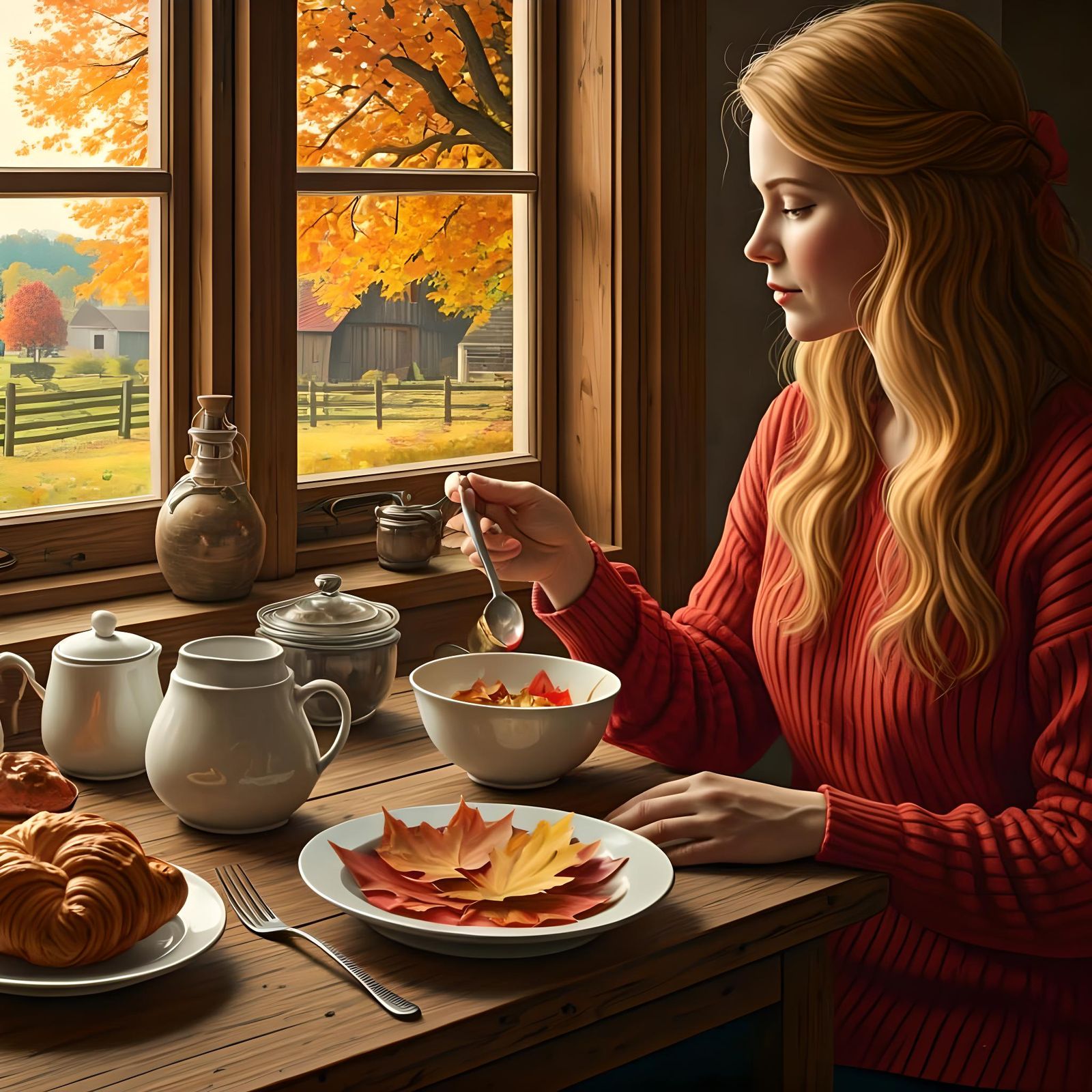Autumn Breakfast: Surreal Photorealistic Digital Painting