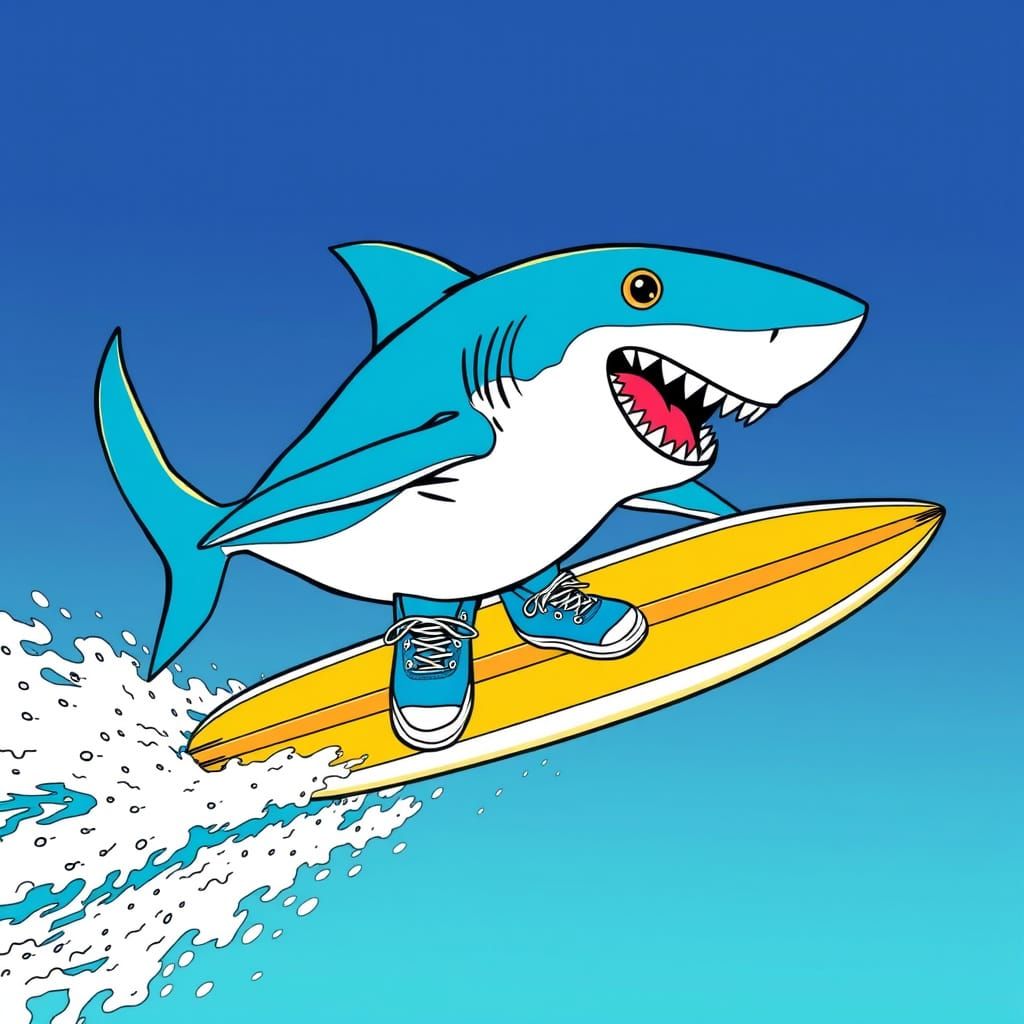 Shark Surfer in Blue Sneakers, Vibrant Art Style