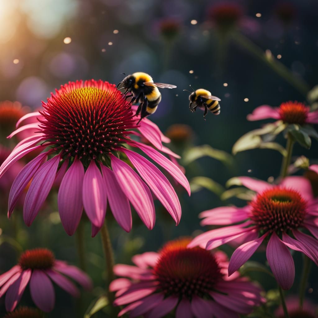 Purple Coneflower and Bee Macro Photo