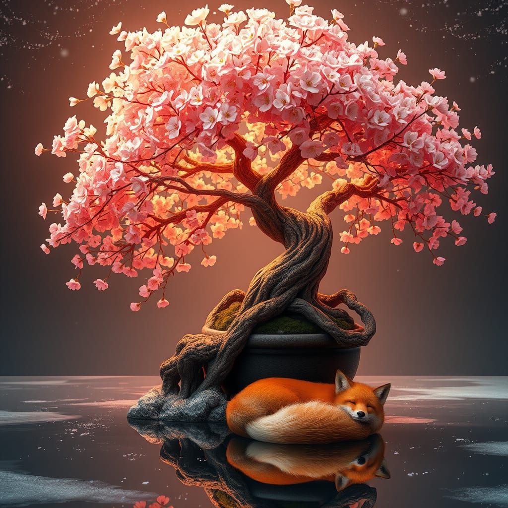 Surreal Cherry Blossom Bonsai Dreamscape in Vibrant Colors