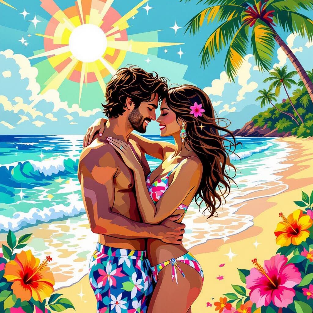 Couple's Embrace on a Mosaic Beach