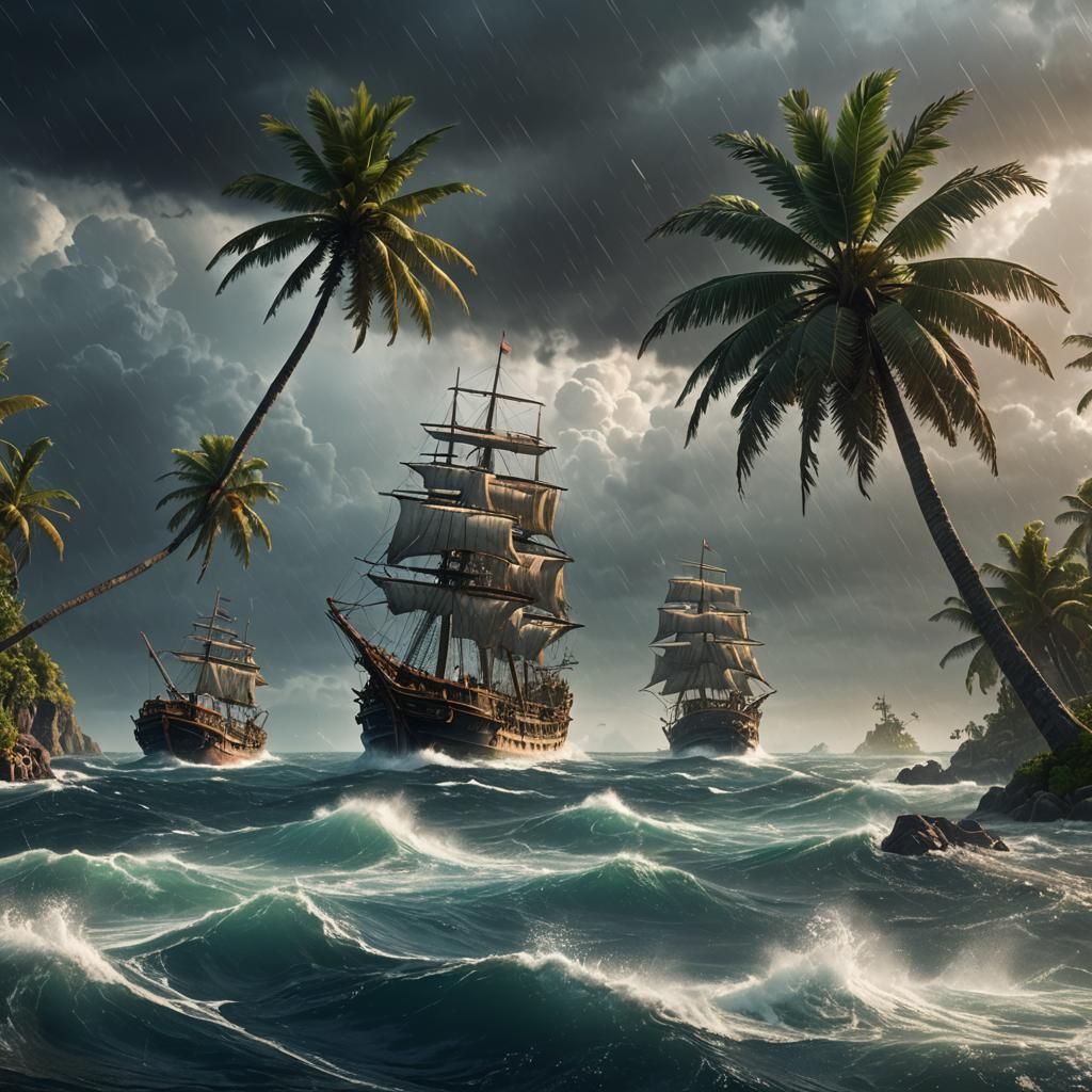 Tropical Island Escape From Storm at Sea