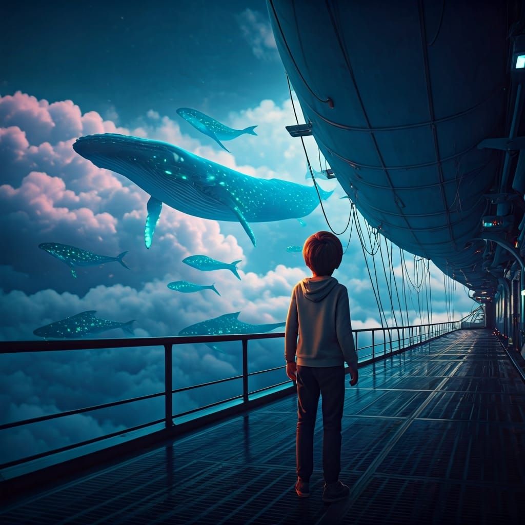 Boy and Bioluminescent Whales on Airship Deck
