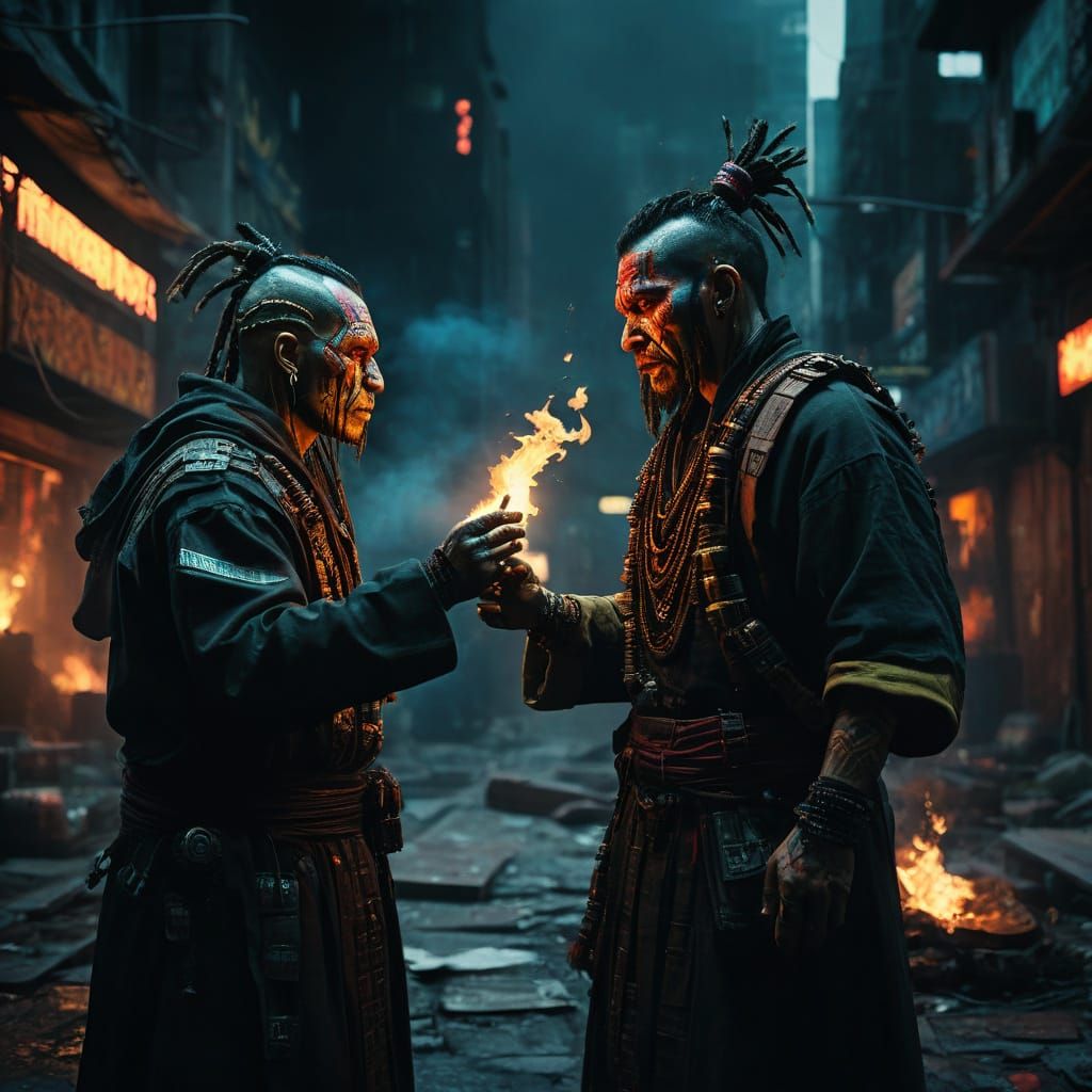 Cyberpunk Shamans Engage in Epic Fireball Duel