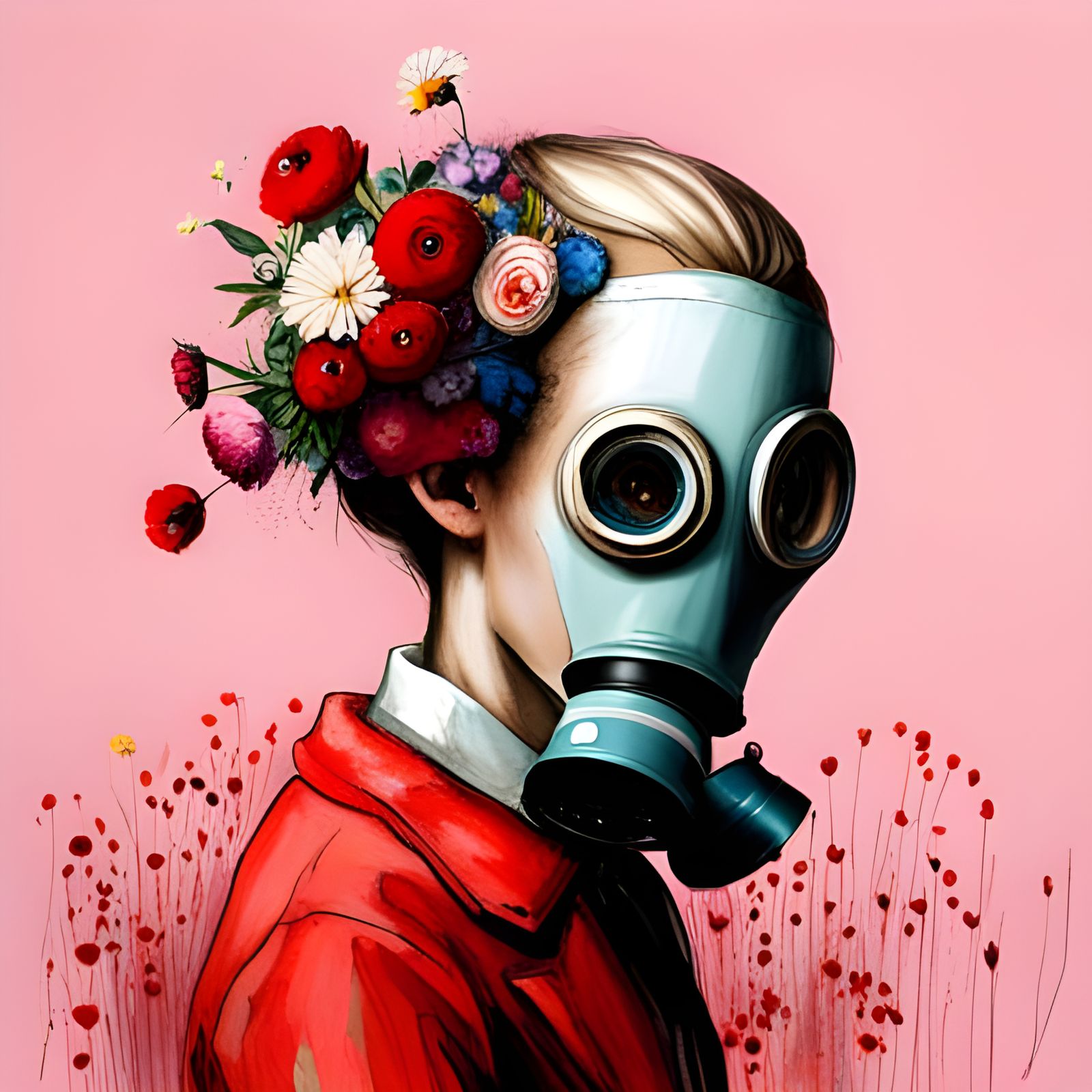 Alice in Wonderland with Gas Mask, Sinister Oil Painting
