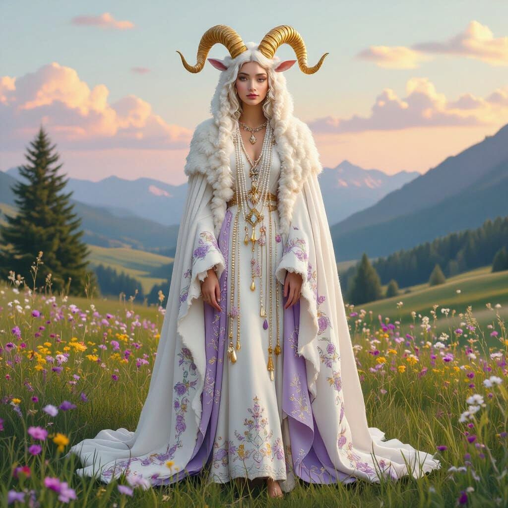 Regal Human-Sheep Hybrid in Dreamy Landscape