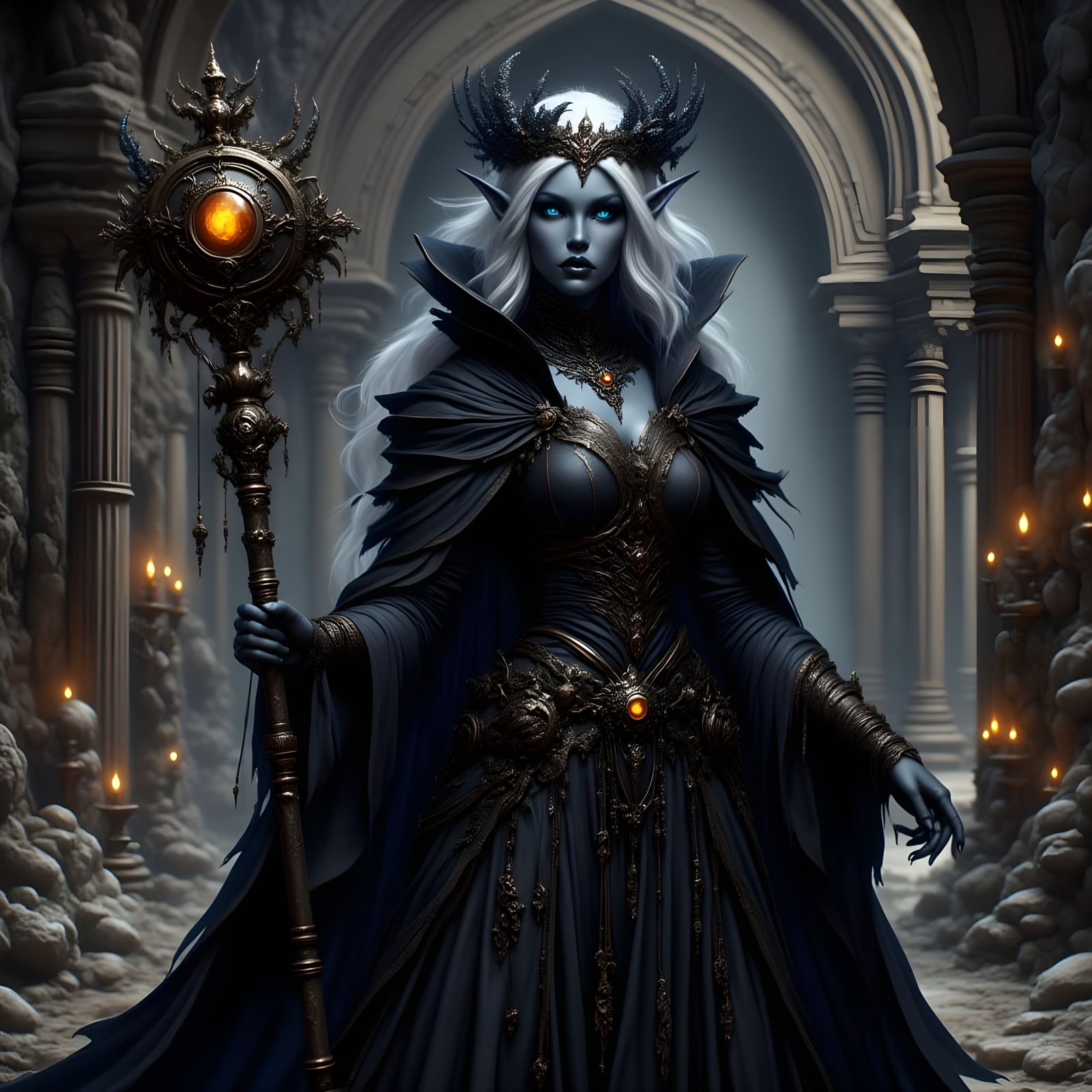 Drow Elf Wizard in Dark Fantasy Temple