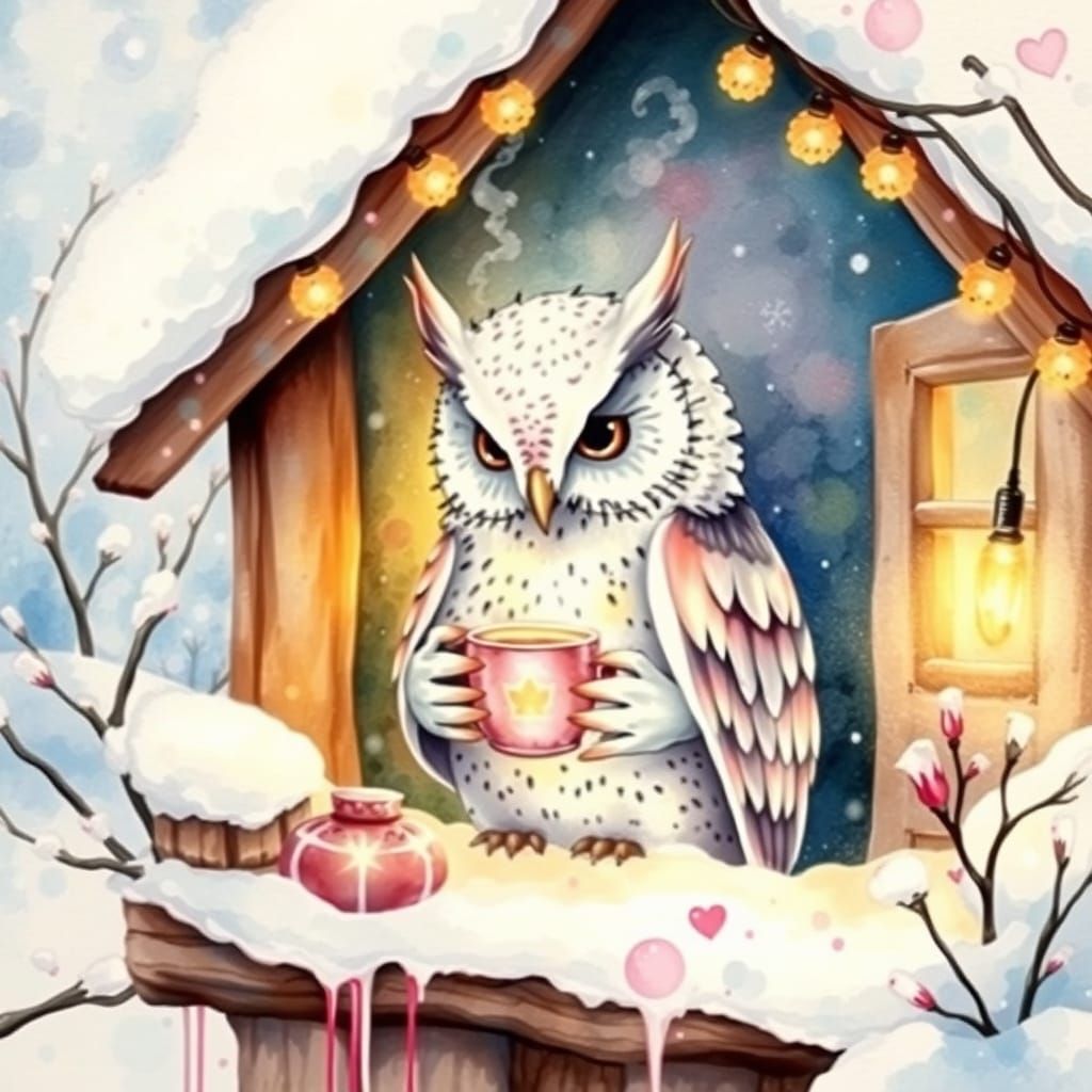Mystical Owl Watercolor Painting in Cozy Cottage