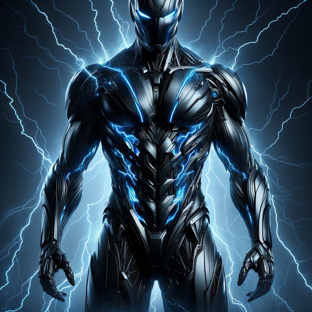 Matte Black Metal Suit with Blue Lightning Accents