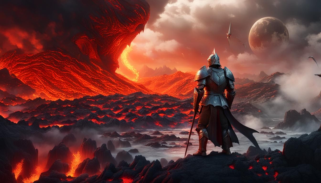 Knight and Dragon Stand United in Lava Sea