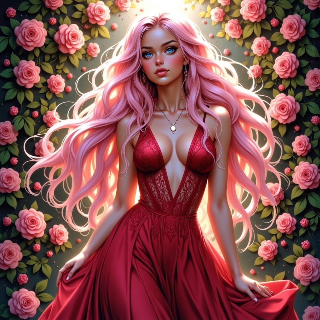 Radiant Woman with Pink Hair in Rose Garden