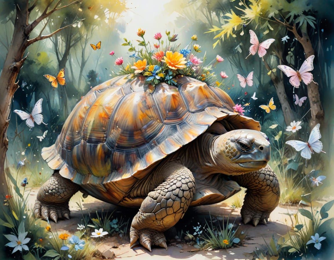Blooming Garden on Giant Tortoise Shell: Watercolor Art