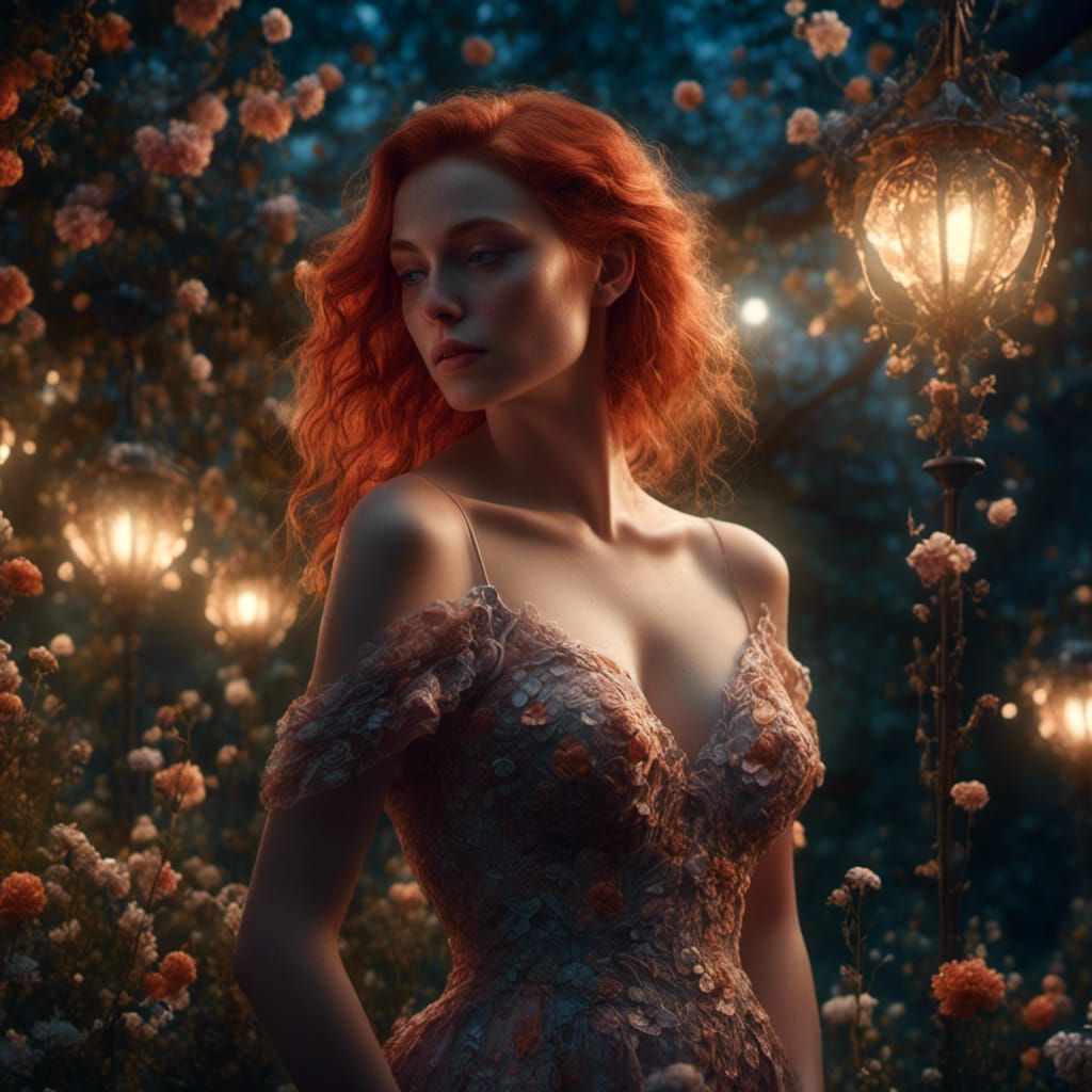 Elegant Redhead in Garden at Night