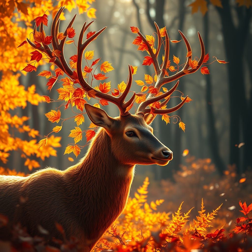 Surreal Autumn Deer with Golden Antlers and Leaves