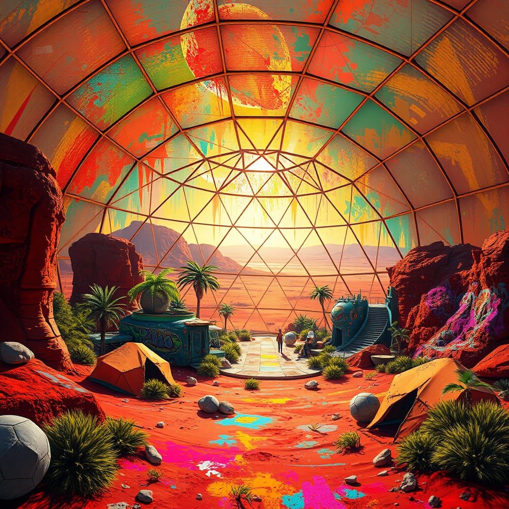 Vibrant Martian Oasis Under Geodesic Dome