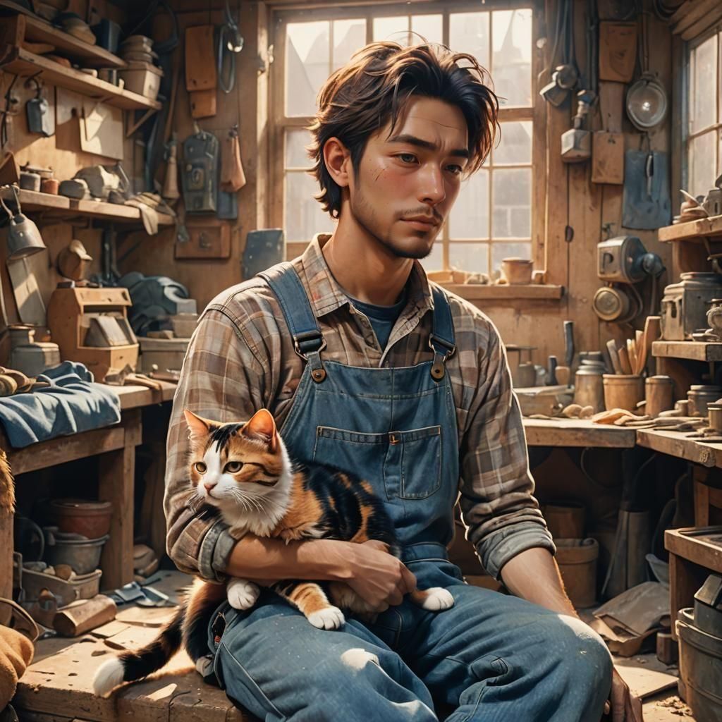 Man Cuddling Cat: Detailed Anime-Style 3D Render