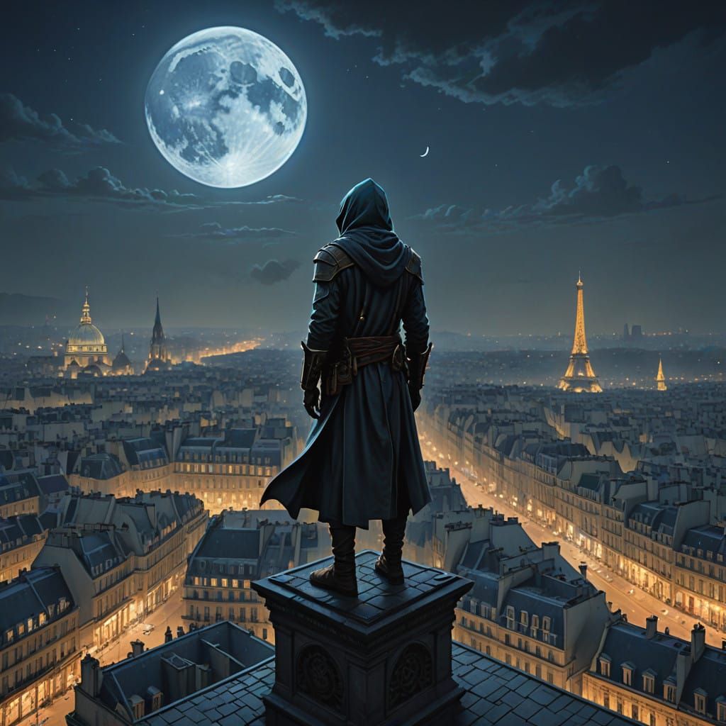 Assassin on Parisian Rooftop Under Starry Sky