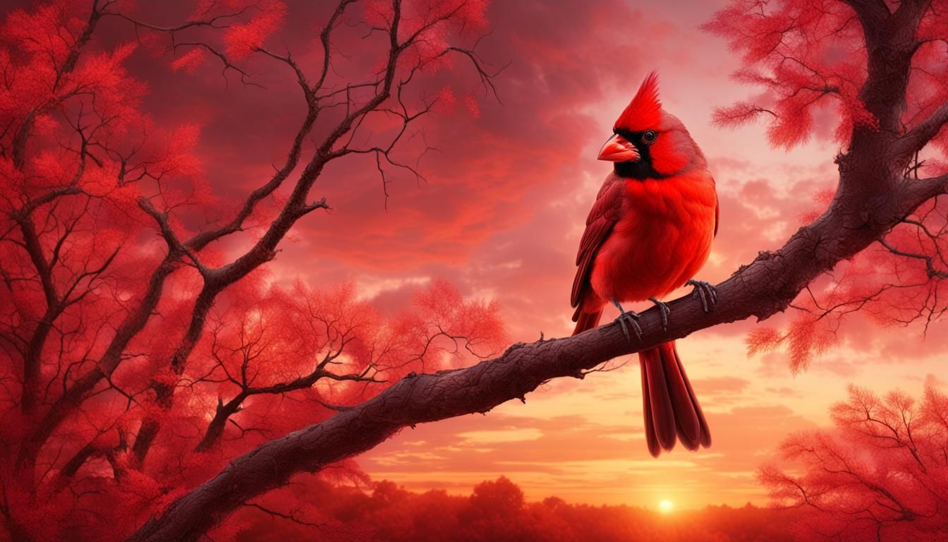Cardinal in Crimson Tree at Autumn Sunset