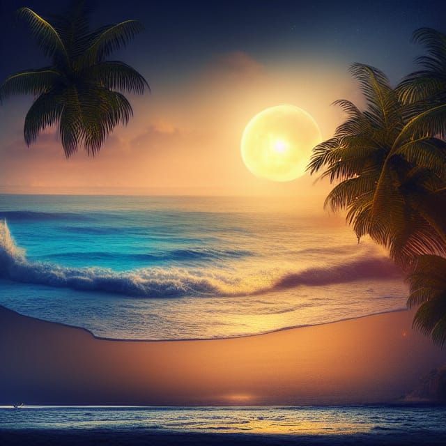 Moonlit Tropical Beach at Night: Digital Matte Painting