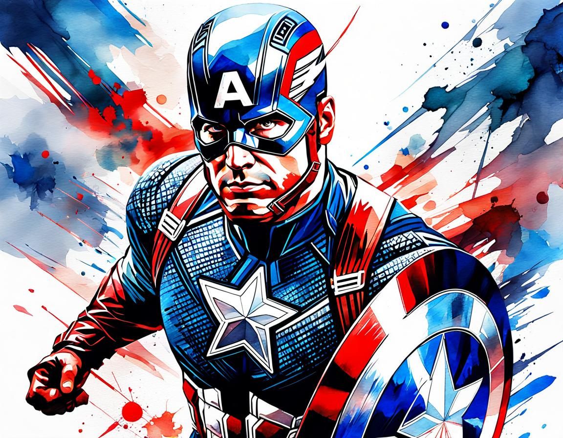 Captain America Double Exposure Watercolor Illustration