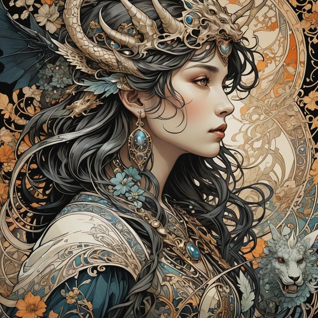 Mythical Beasts in Alphonse Mucha Black Ink Style