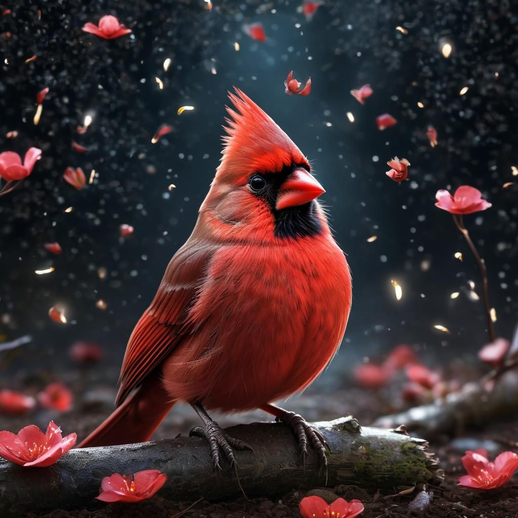 Red Cardinal with Fireflies in Hyper-Realistic Digital Art