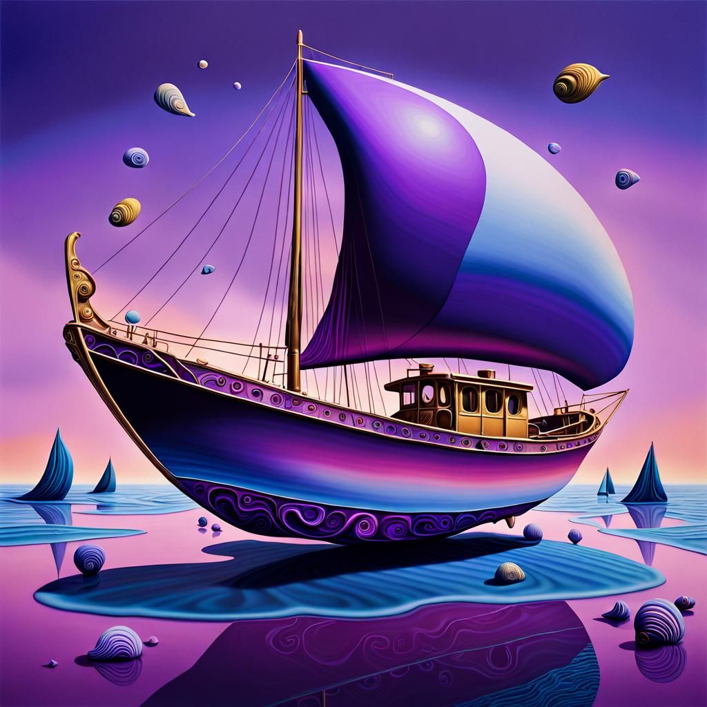 Surreal Purple Sailing Boat Shell Art