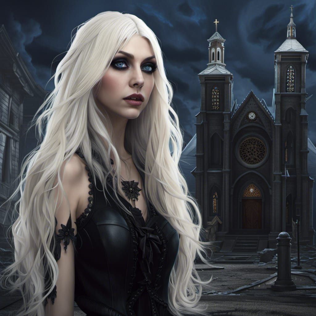 Gothic Woman with White Hair in Creepy Church