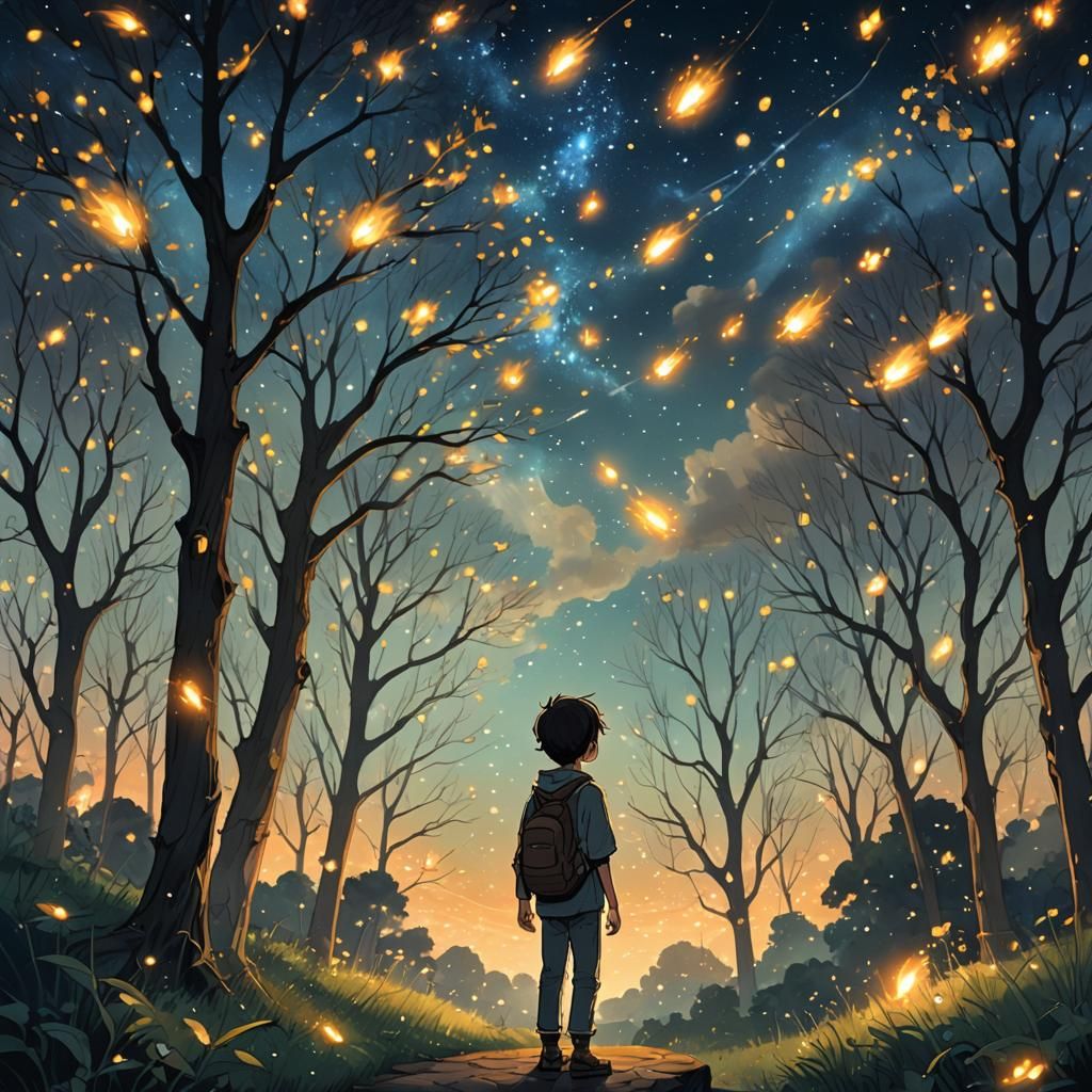 Anime Starry Night with Bioluminescent Sky