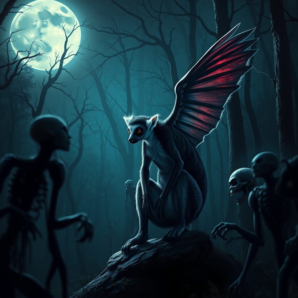 Winged Lemur in Zombie Forest, Dark Fantasy Art