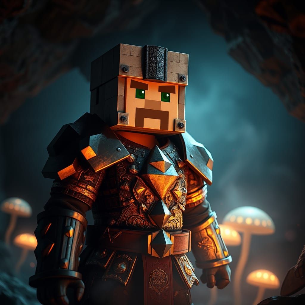 Heroic Minecraft Character in Atmospheric Cave