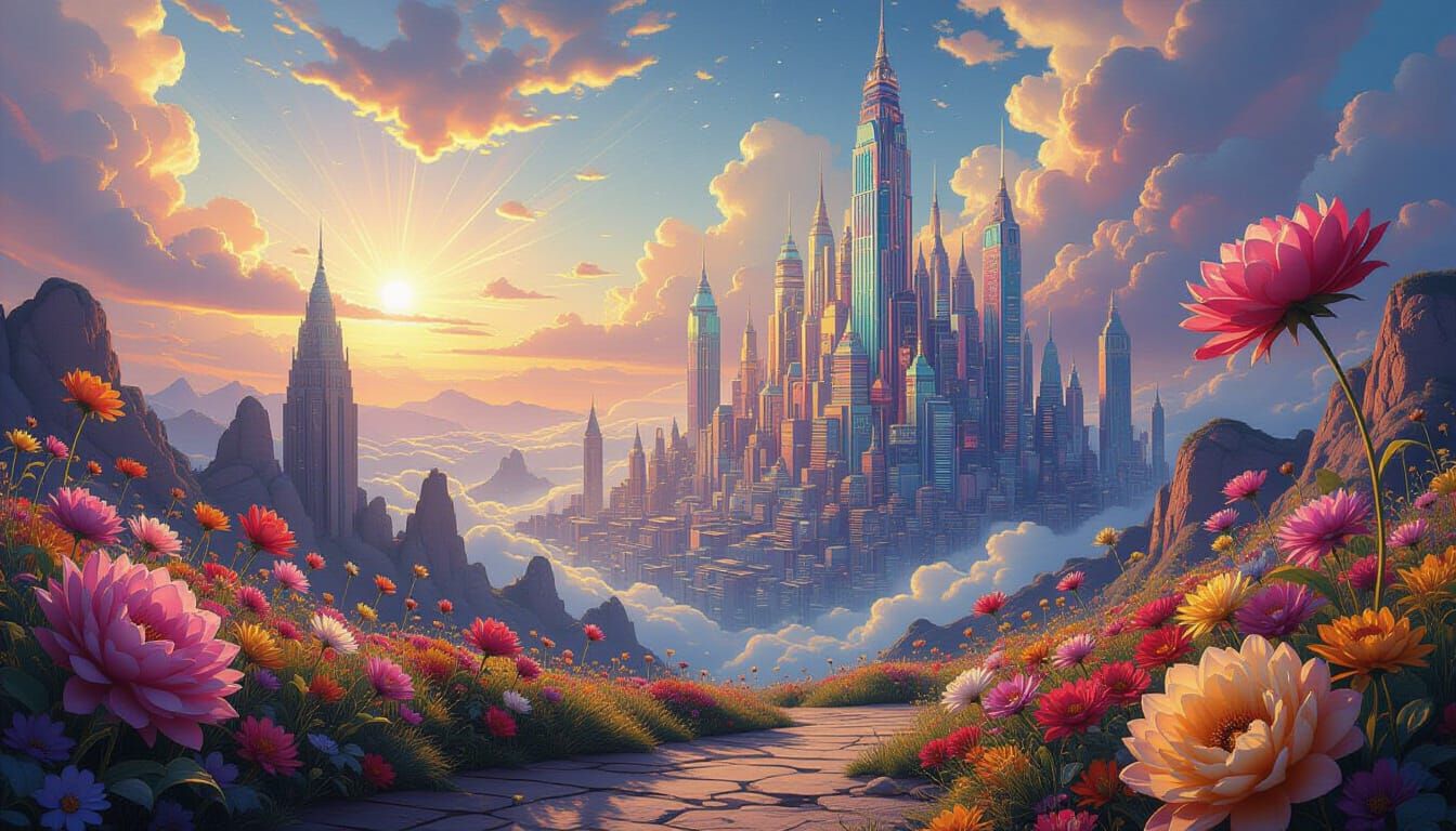 Vibrant Alien Marketplace with Rainbow Cities