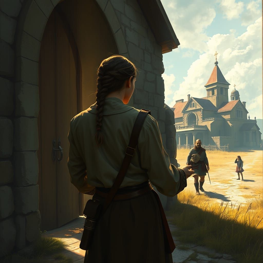 Loperus Emerges from Medieval Church in Golden Light